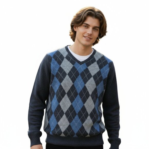 Banana Republic Navy Blue Merino Wool Argyle Sweater V-Neck Knit Pullover Large - Picture 1 of 8